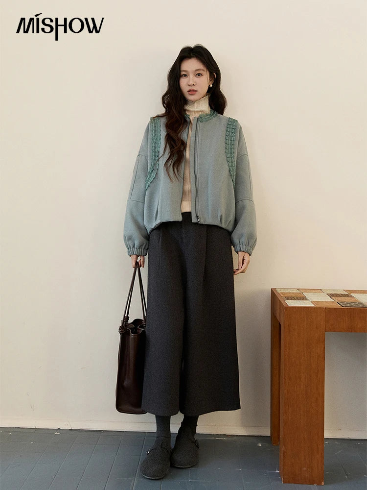 Mishow Light Blue Lace Trim Puff Sleeve Down Coat MXE94W1048