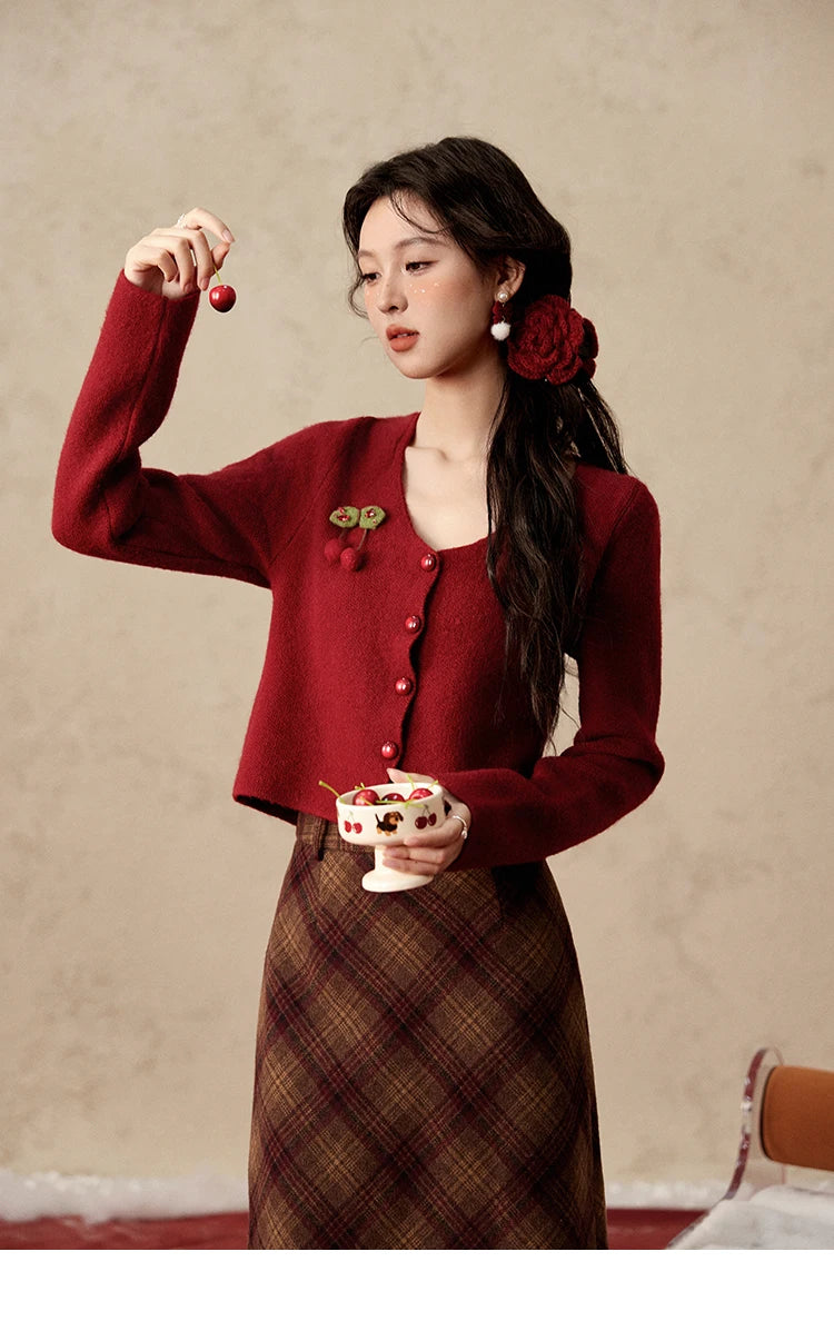 Mishow Red Cherry Ornament Slim V-Neck Cardigan MXD112Z1006