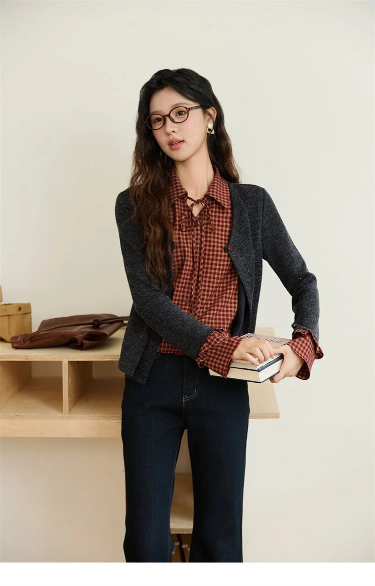 MISHOW Fake Two Knitted Sweater Plaid Splicing Flare Sleeve MXE45Z1401