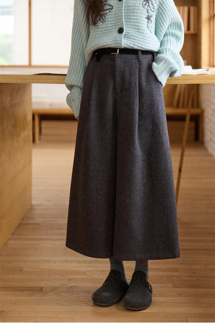 MISHOW Gray Wool Wide-Leg Pants High-Waisted Cropped MXE90K1128