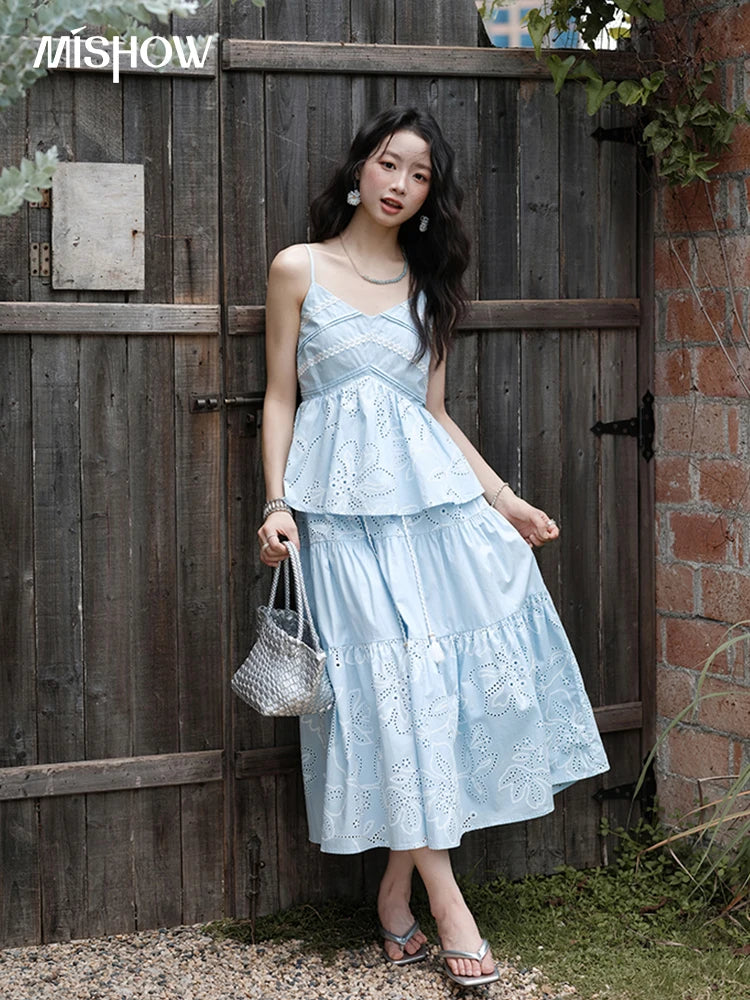 Mishow Strap V-Neck Embroidery Top & Drawstring Skirt Set MXE34T0624