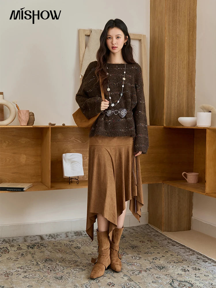 Mishow Brown Chrysanthemum Yarn Round Neck Sweater MXE47Z2574