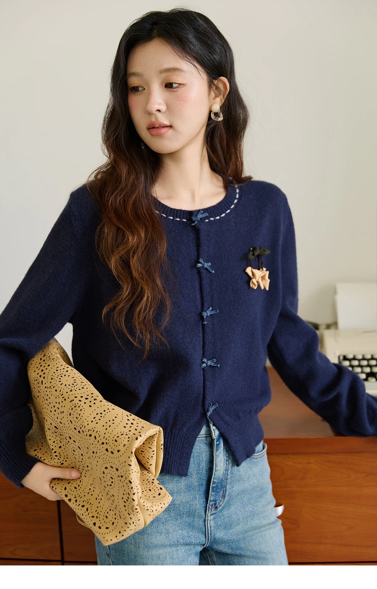 Mishow Bow Placket Lantern Sleeve Cardigan with Brooch MXE45Z1377