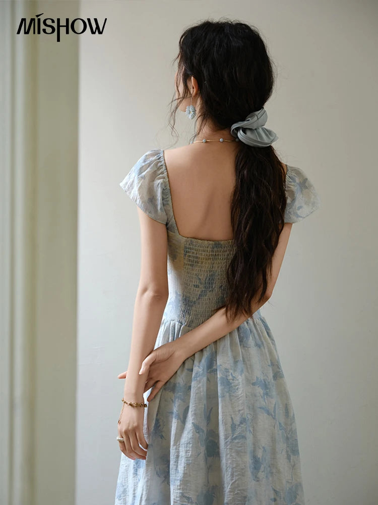Mishow Square Neck Flying Sleeve Print Dress MXE35L2274