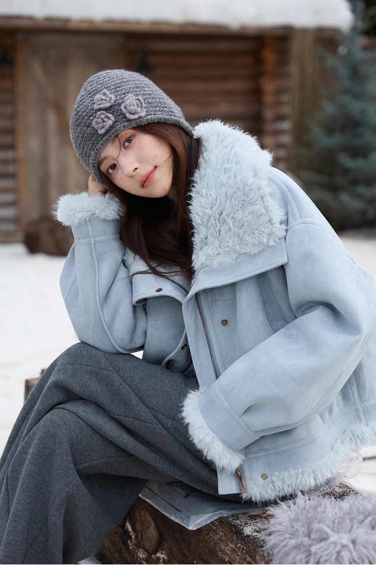 MISHOW Blue Plush Jacket Turn-Down Collar Zip-Up Loose MXE87W0917