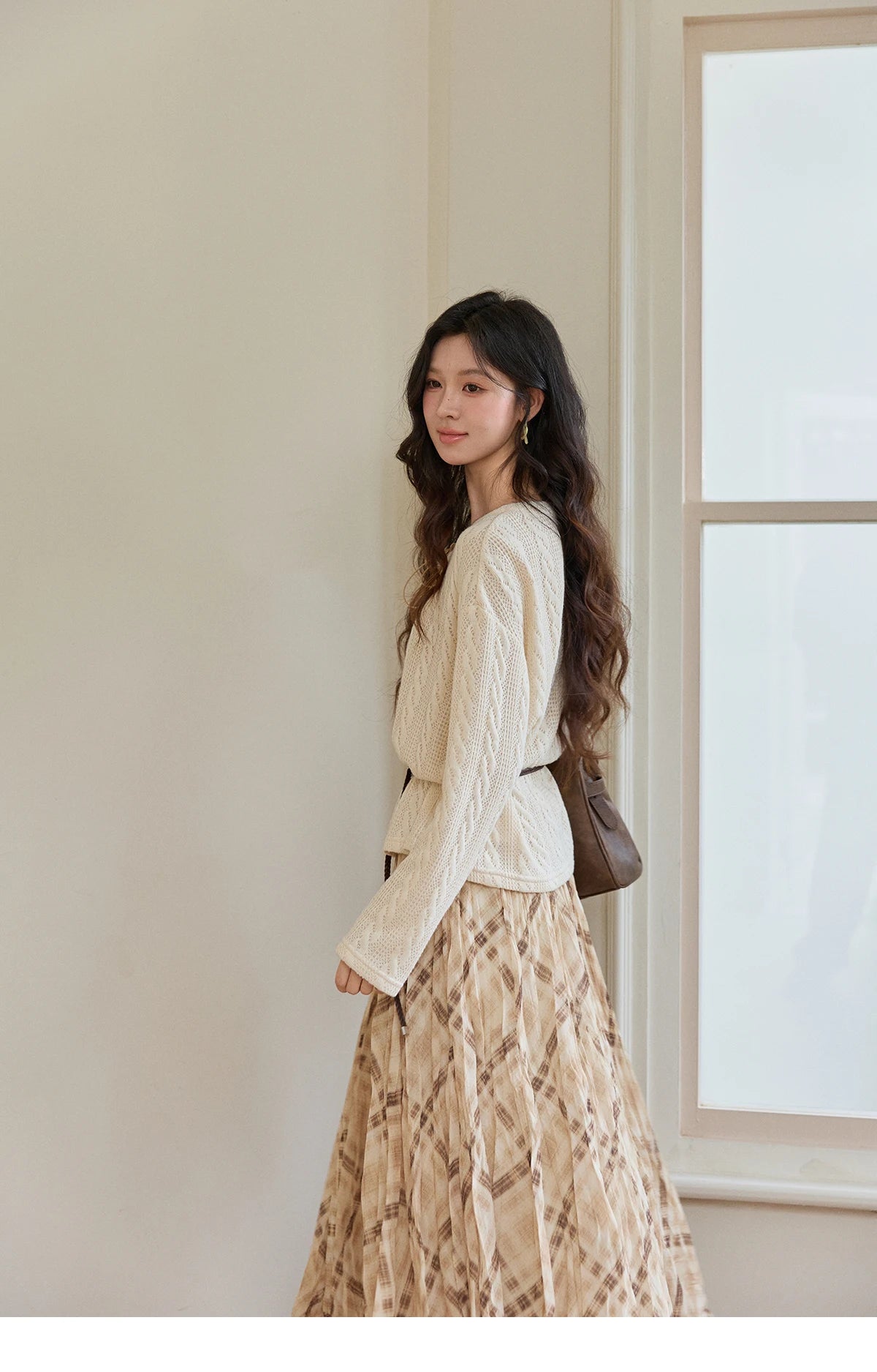 Mishow Beige V-Neck Lace-Up Cable Knit Sweater MXF108Z1029
