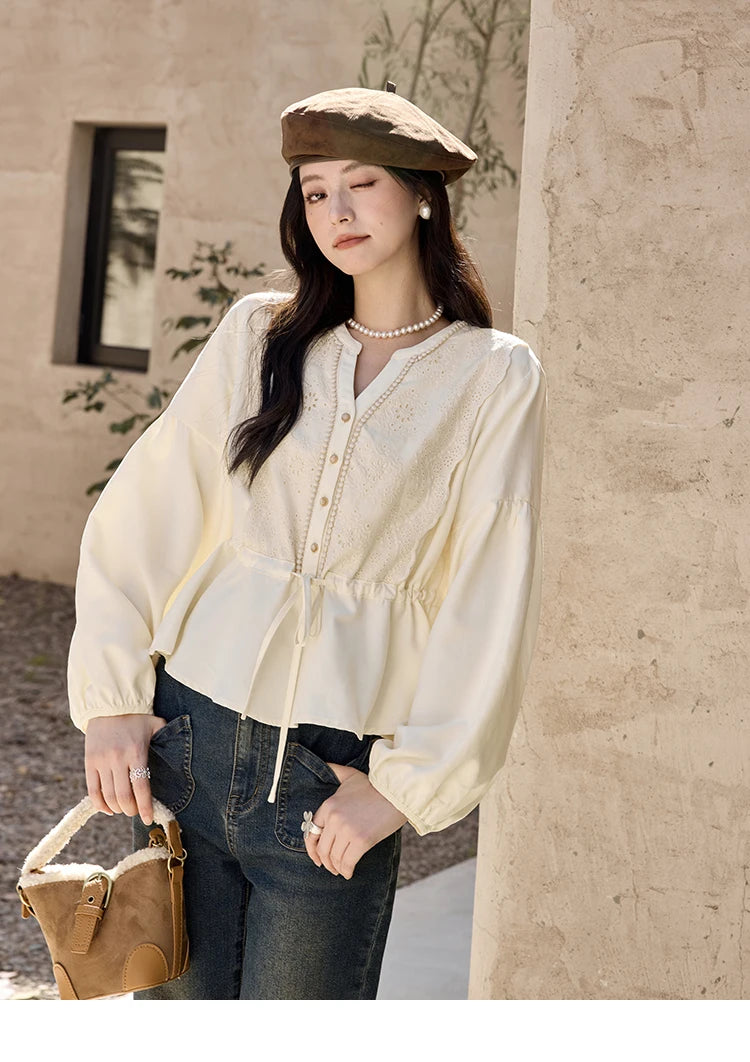 MISHOW French V-Neck Blouse Lace Lantern Sleeve Drawstring Waist MXD45X1660