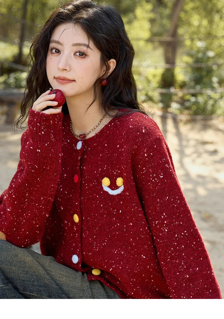 Mishow Smile Embroidery Contrast Color Wool Cardigan MXD35Z0988