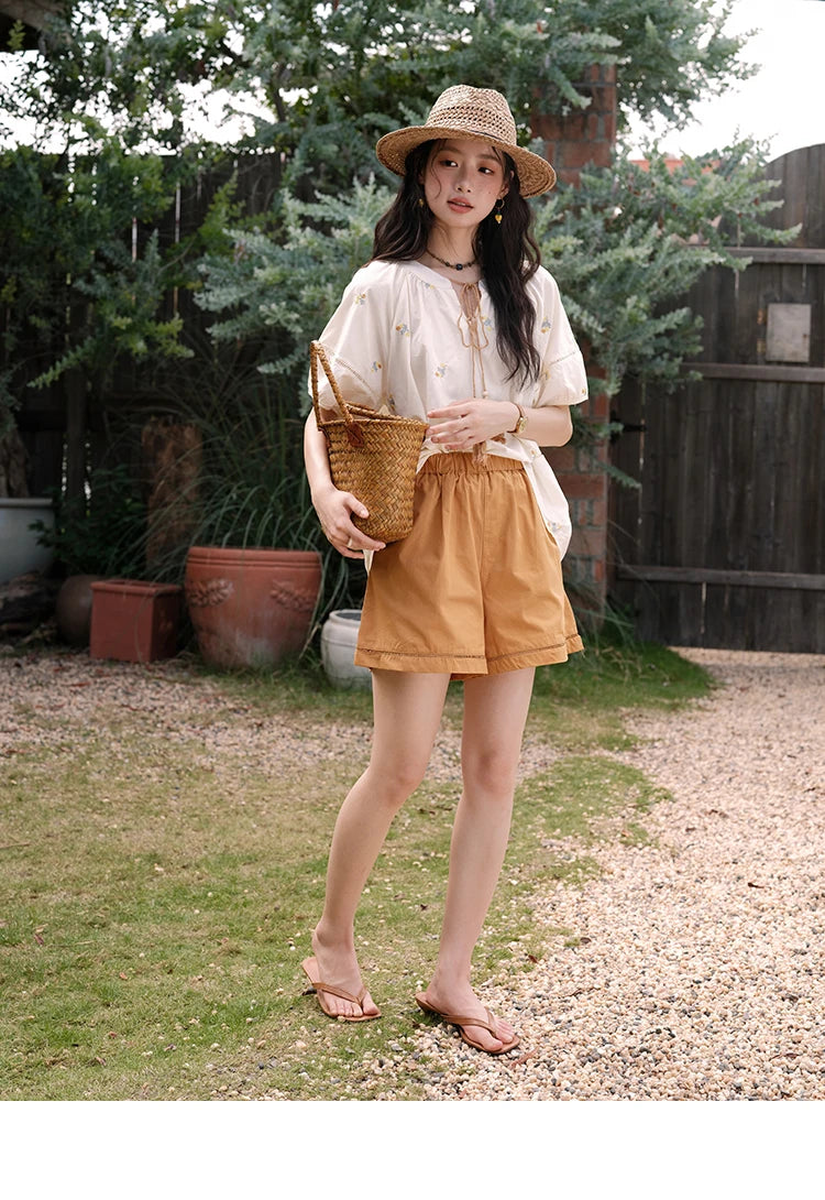 Mishow Puff Sleeve Lace-Up Top & Elastic Waist Shorts Set MXE38T0684