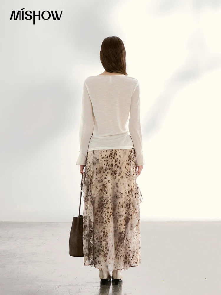 MISHOW Leopard Print Maxi Skirt Ruffled Chiffon Elastic Waist MXF108B0772