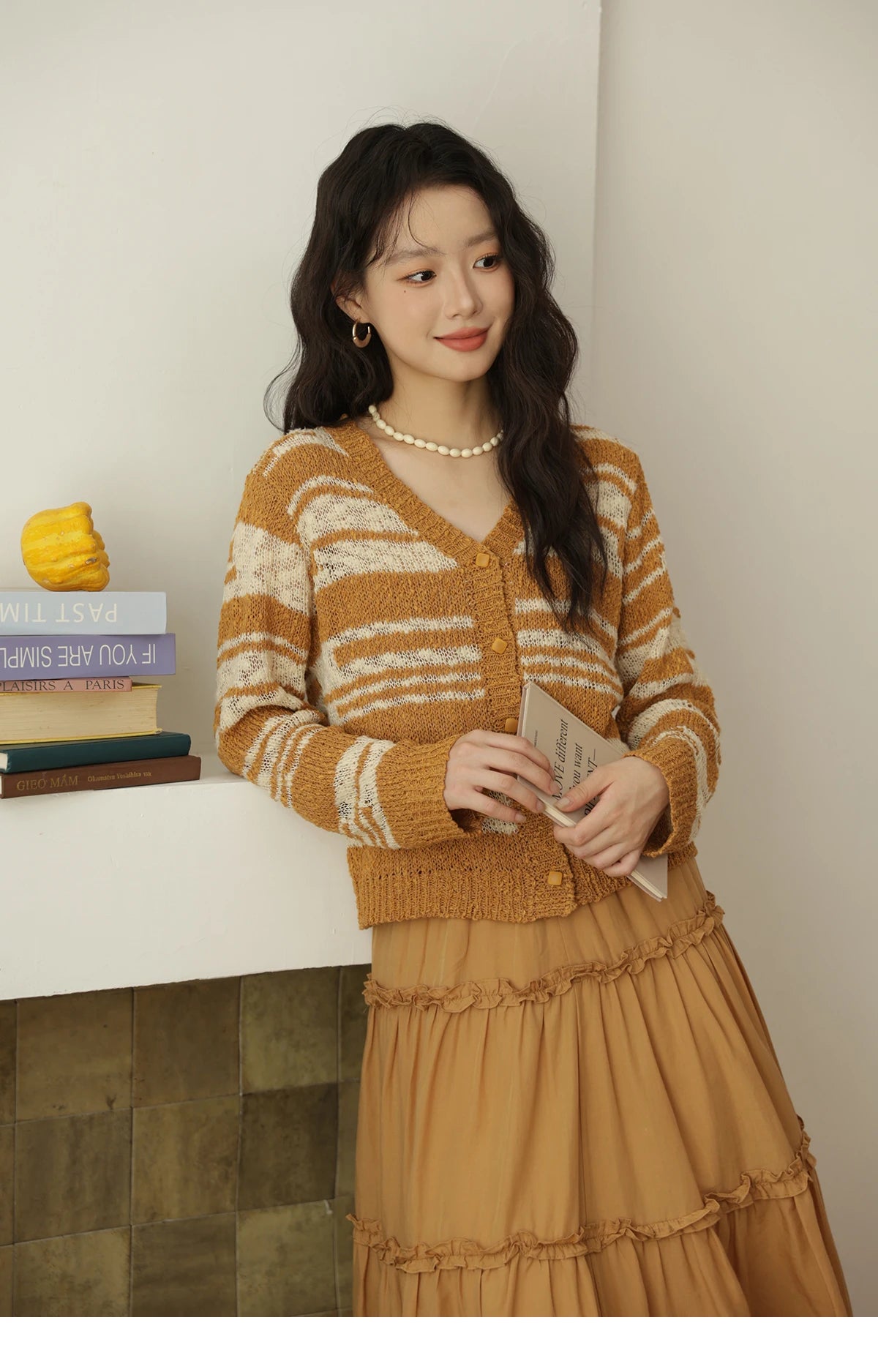 Mishow Retro Yellow Striped V-Neck Cardigan MXE44Z2516