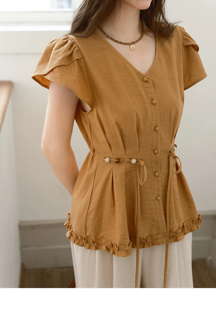 MISHOW Petal Sleeve Slim Shirt V-Neck Bead Belt MXE39X1881