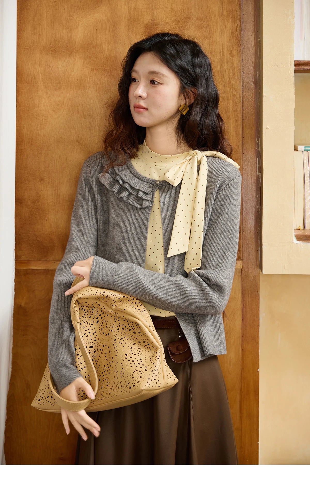 Mishow Gray Ruffled Collar Floral Yarn Cardigan MXE45Z1378