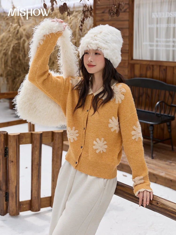 Mishow Yellow Retro Jacquard Turn-Down Collar Cardigan MXE88Z2691