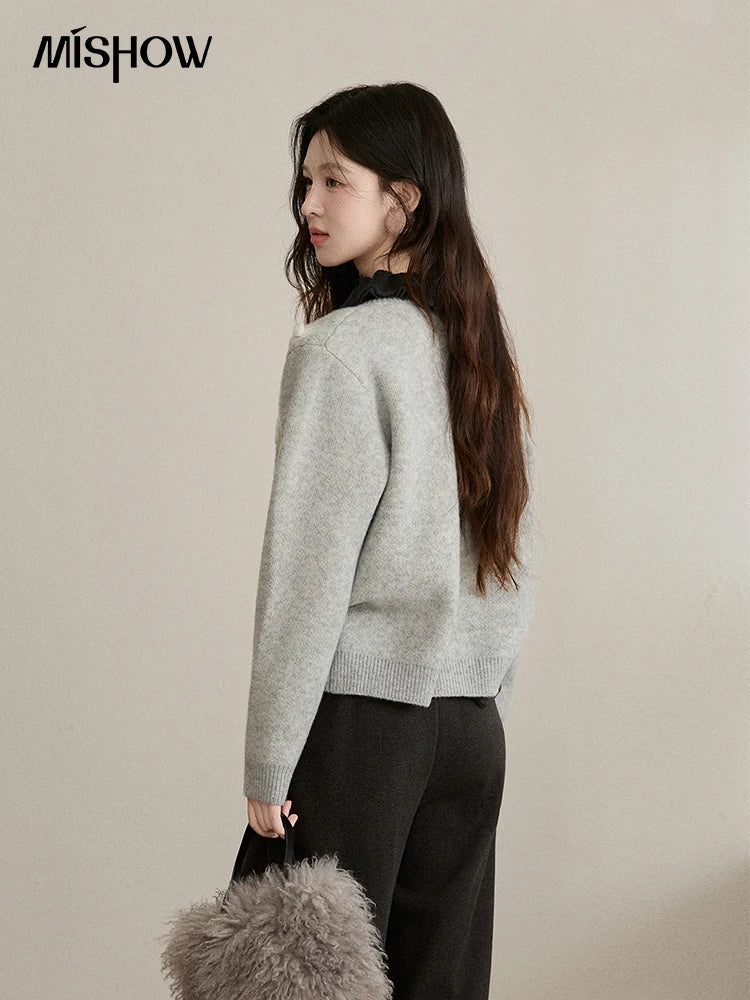 Mishow Gray Flower Embroidery Round Collar Cardigan MXE91Z2836