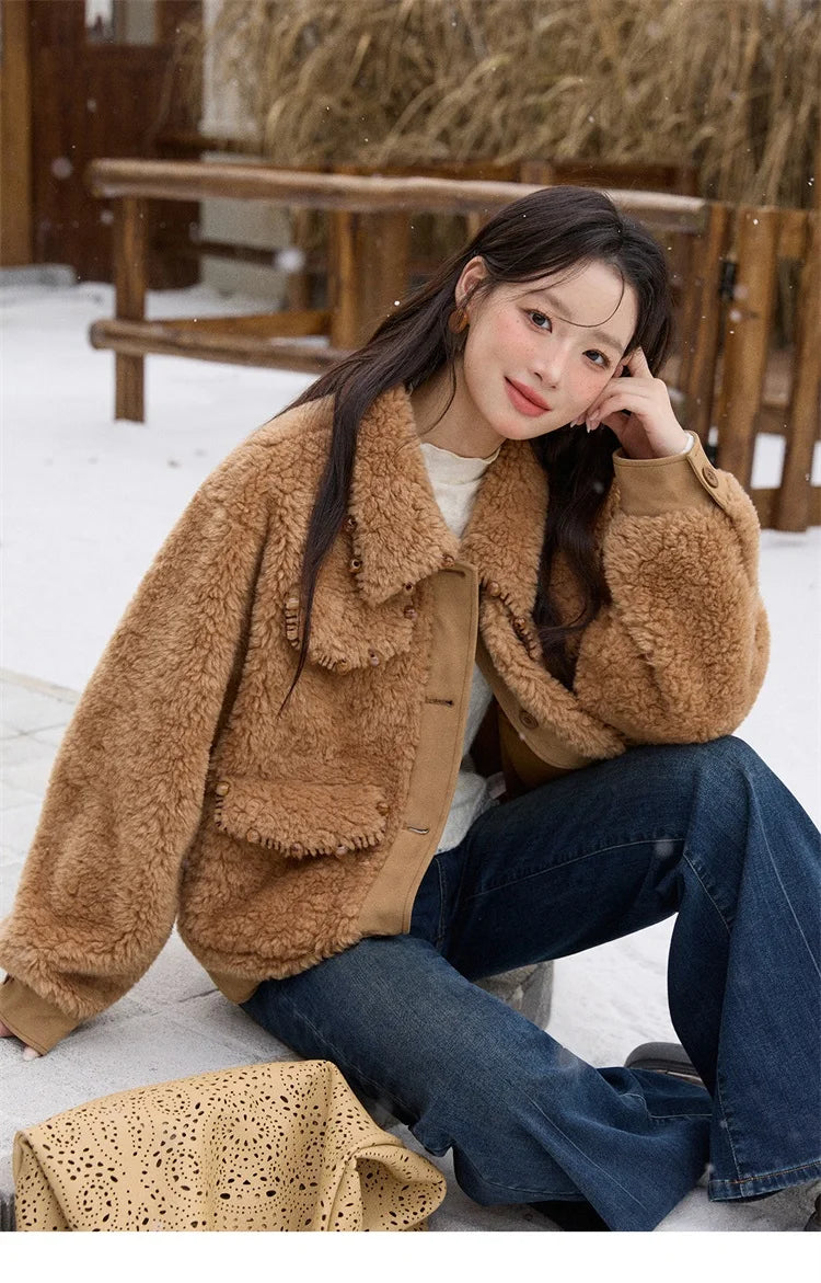 MISHOW Faux Lambskin Coat Turn-Down Collar Brown Loose MXE89W0896