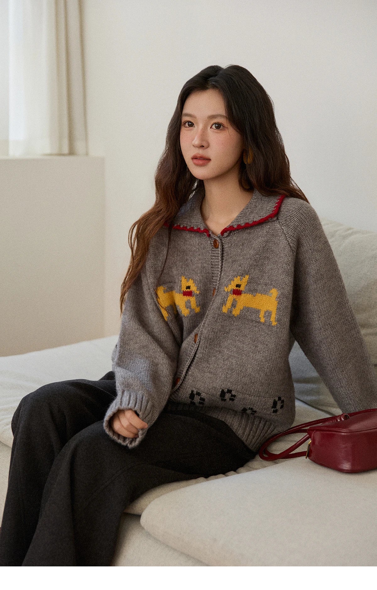 Mishow Dog Cartoon Jacquard Turn-Down Cardigan MXE86Z2727