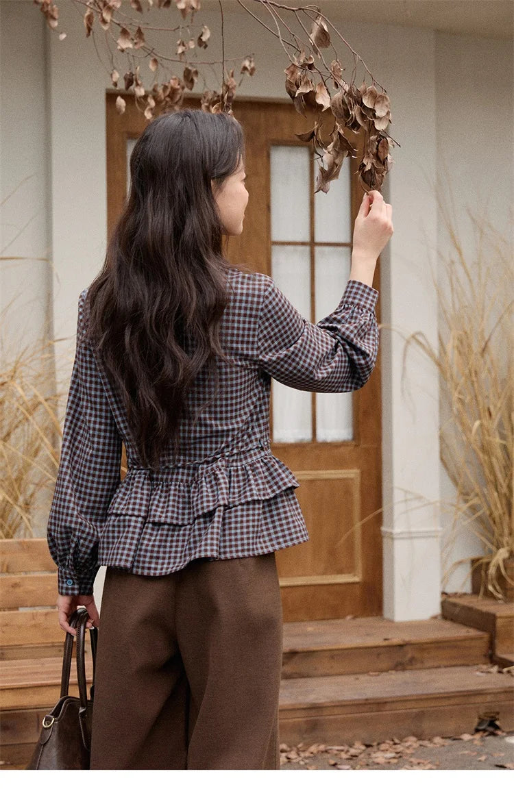 MISHOW Blue Plaid Shirt Lantern Sleeves Ruffled Hem MXE89C2420