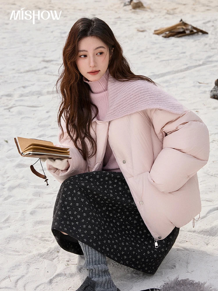 Mishow Pink Woolen Lapel Short Down Jacket MXE92Y0089
