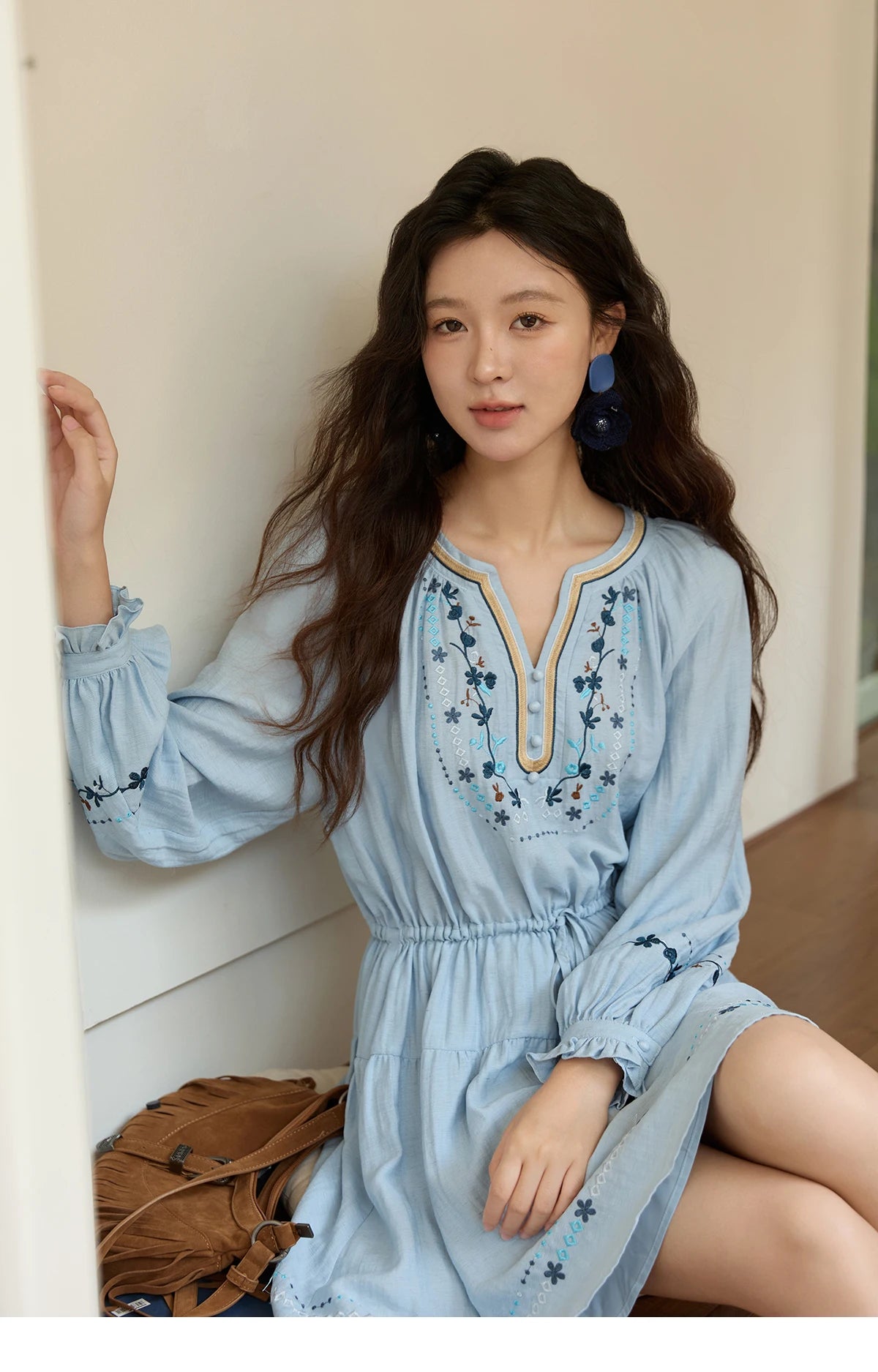 Mishow V-Neck Embroidered Drawstring Bohemian Dress MXE44L2489
