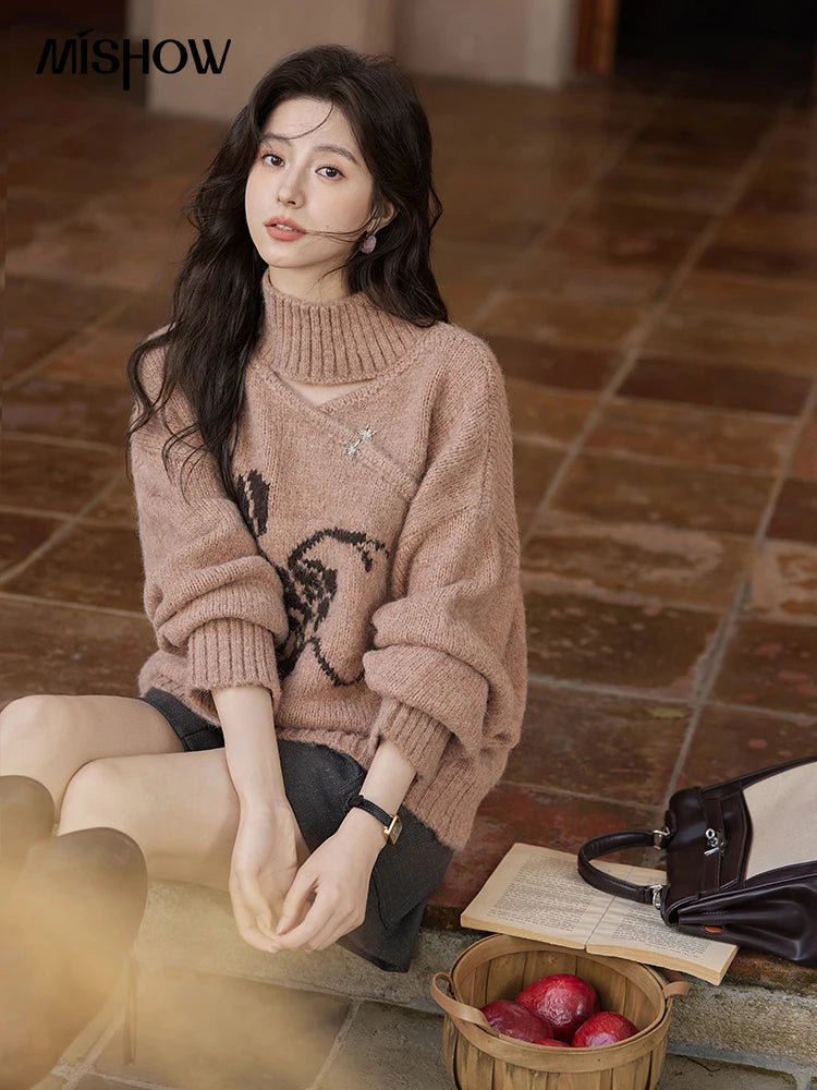 Mishow Chinese Hollow Out Floral Lantern Sleeve Sweater MXD36Z0888