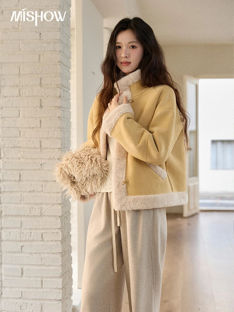 MISHOW Yellow Suede Fur Collar Short Coat Single-Breasted MXE89W0897