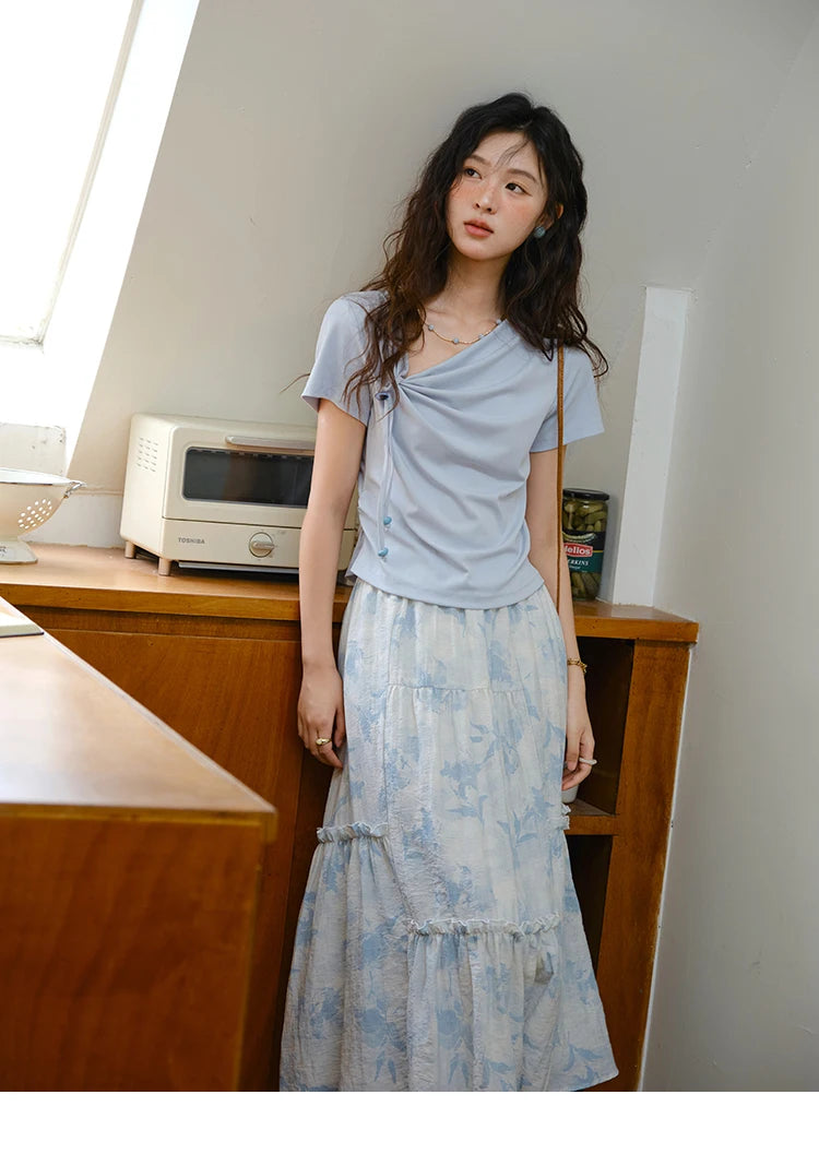 Mishow Lace-Up Print Top & Wide Leg Half Skirt Set MXE35T0596