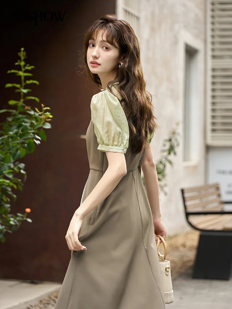 Mishow Chinese Style Puff Sleeve Fake Two-Piece Dress MXC35L1354