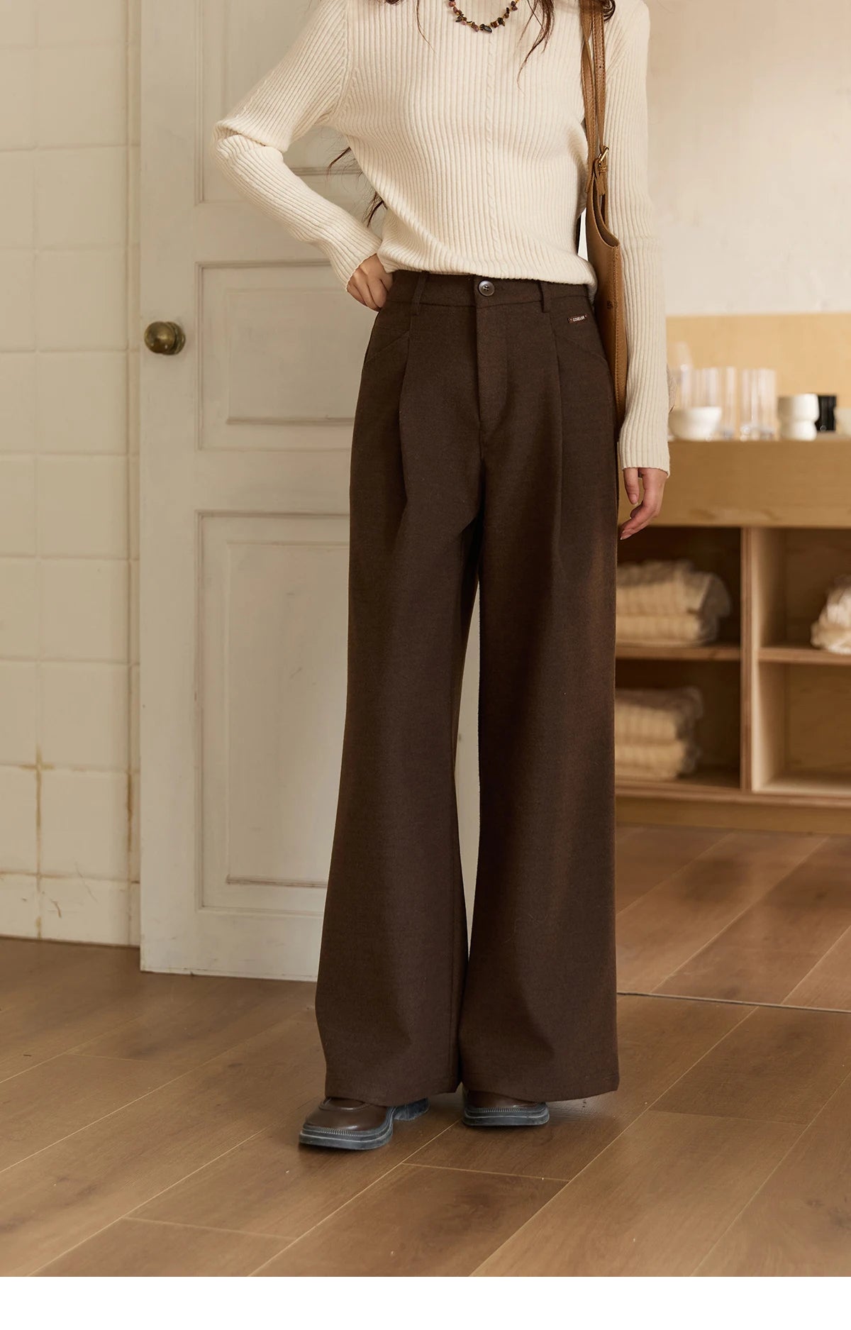 MISHOW Brown Wide-Leg Pants High Waist Drape Trousers MXE51K1094