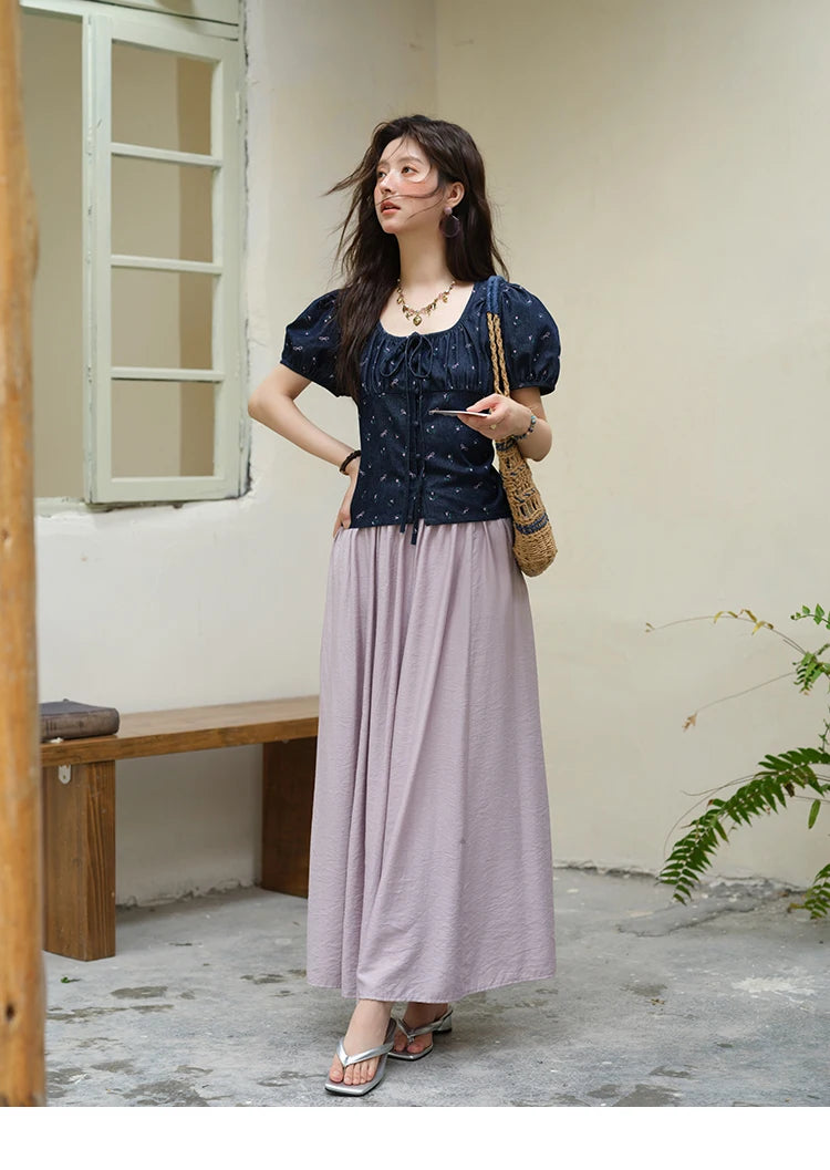 MISHOW Puff Sleeve Square Neck Blouse Lace Up Print Denim MXE39X1933