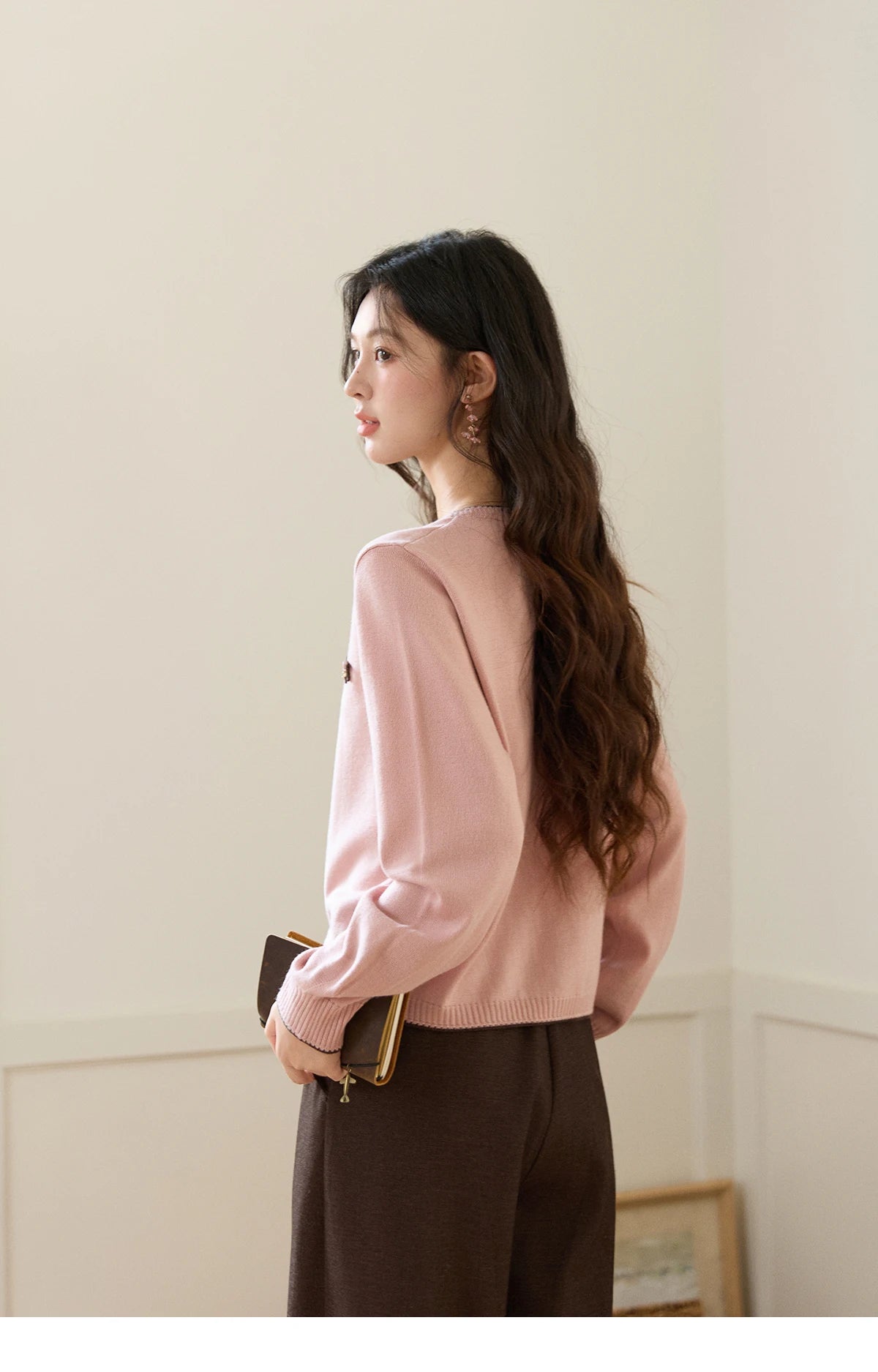 Mishow Pink Contrast Trim Pony Decoration Cardigan MXF108Z1023