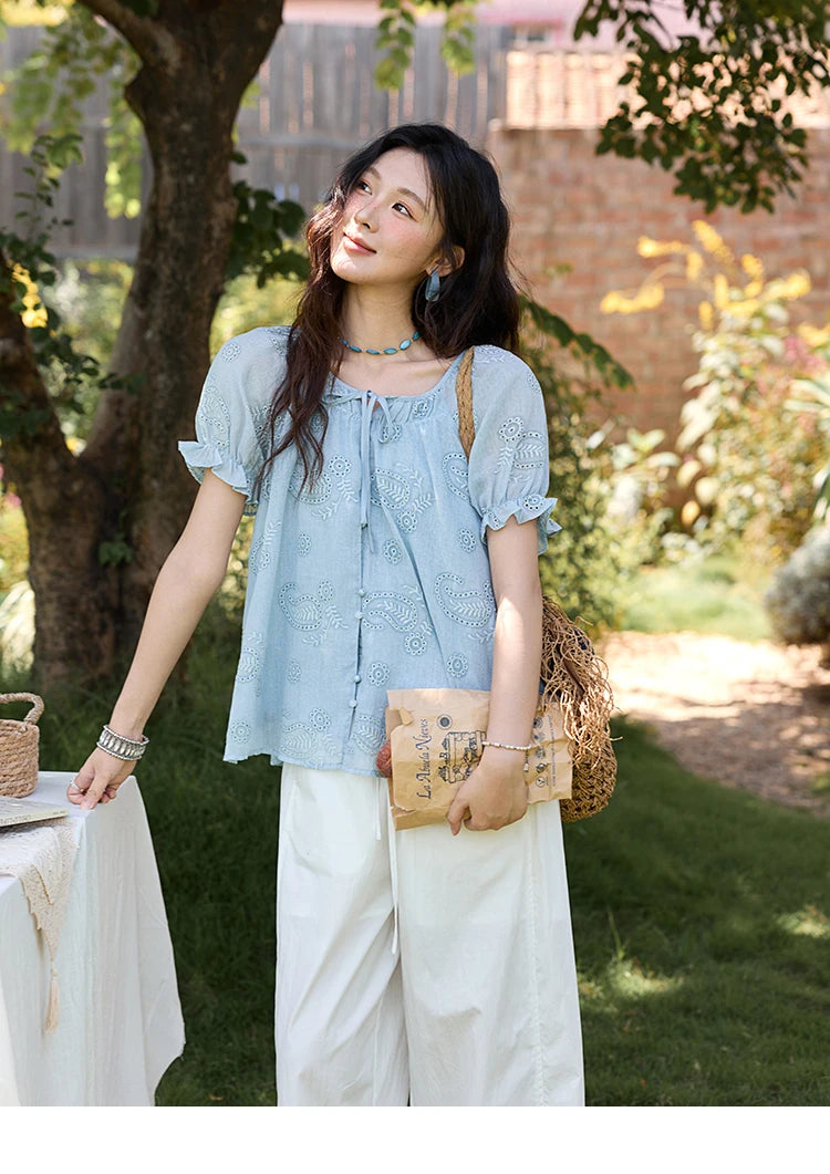 MISHOW Embroidered Flower Shirt Puff Sleeve Round Neck MXE39X1922