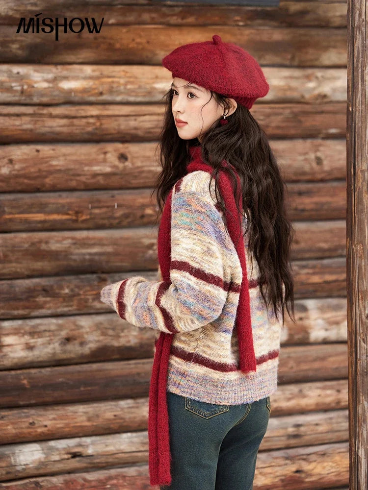 Mishow Striped Contrast Color O-Neck Cardigan MXD59Z1061