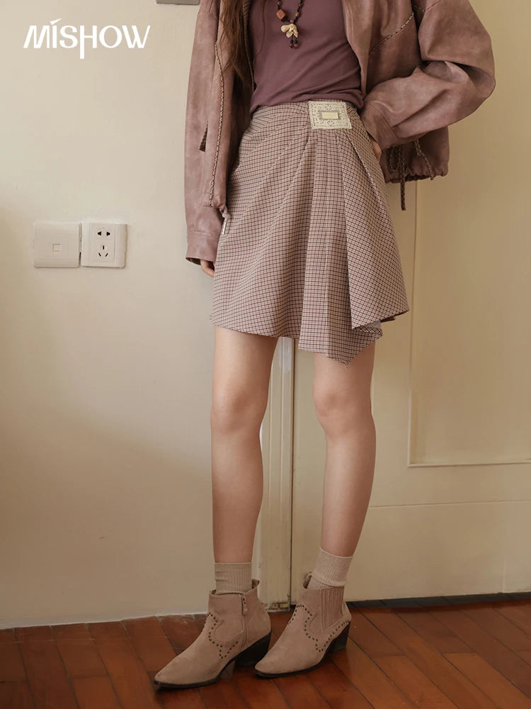 Mishow Purple Plaid Asymmetrical A-Line Skirt MXE45B2411