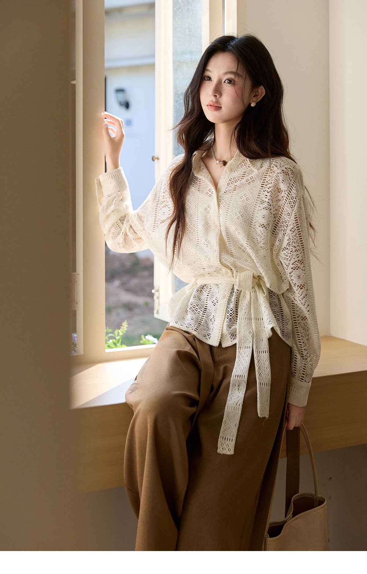 MISHOW Hollow Lace Shirt Camisole Set Drawstring Waist MXF108C0816