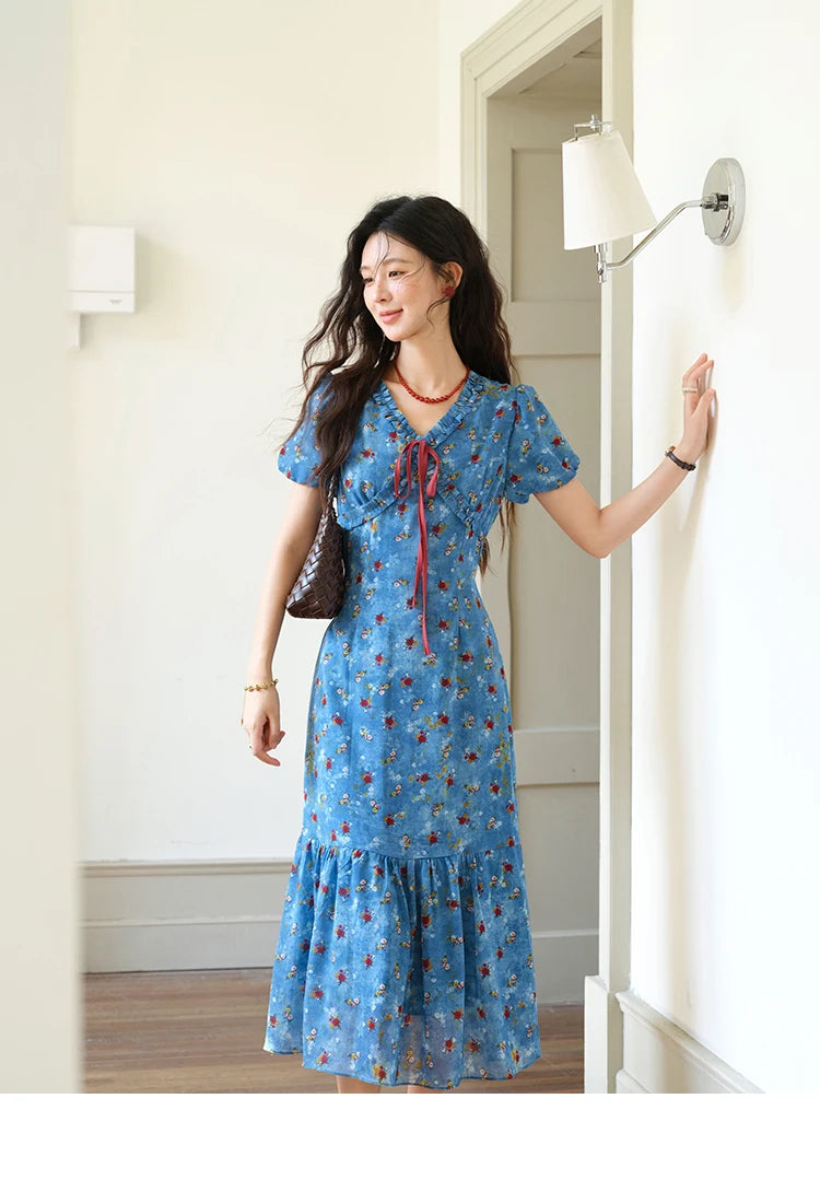 Mishow V-Neck Lace-Up Puff Sleeve Chiffon Dress MXE39L2401