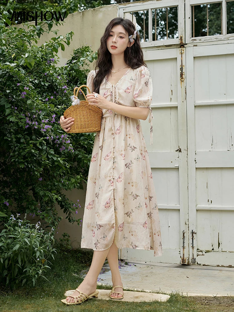 Mishow Butterfly Print V-Neck Lace-Up Bubble Sleeve Dress MXD15L1778