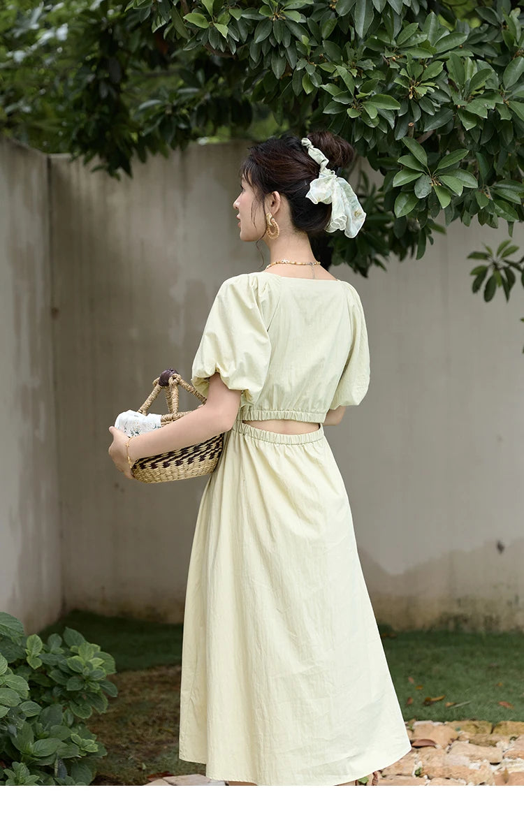 Mishow French V-Neck Bubble Sleeve Back Green Dress MXD22L1825