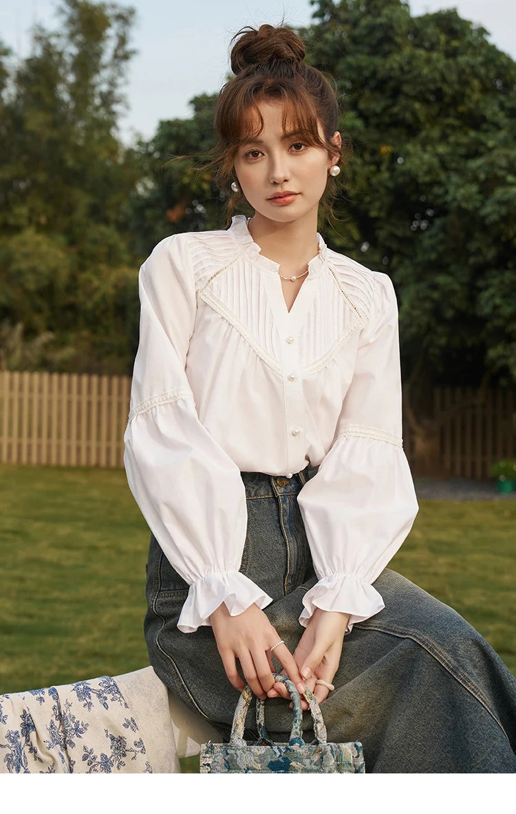 MISHOW French Pleated V-Neck Shirt Petal Patchwork Ruffle Sleeve MXD13X1354