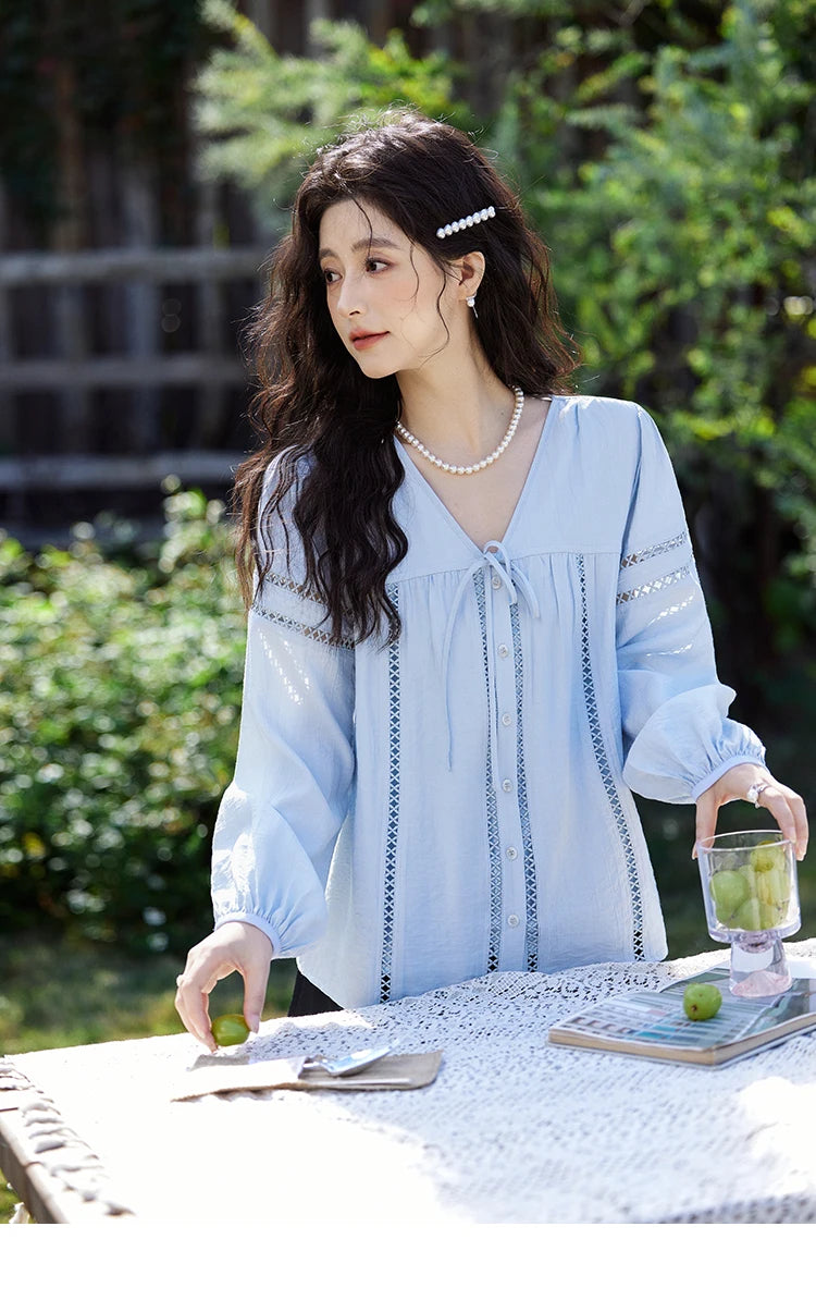 MISHOW Blue V-Neck Shirt Lace-Up Hollow Lantern Sleeve MXE12C0411
