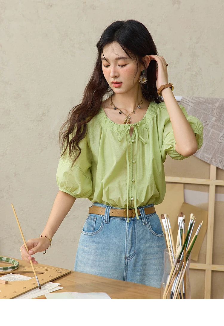 MISHOW Round Neck Blouse Lace Up Puff Sleeve MXE36X1875