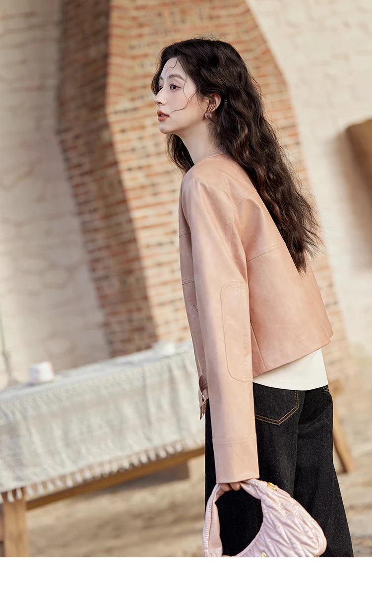 MISHOW Pink Leather Jacket Slim Fit Long Sleeve MXE11W0714