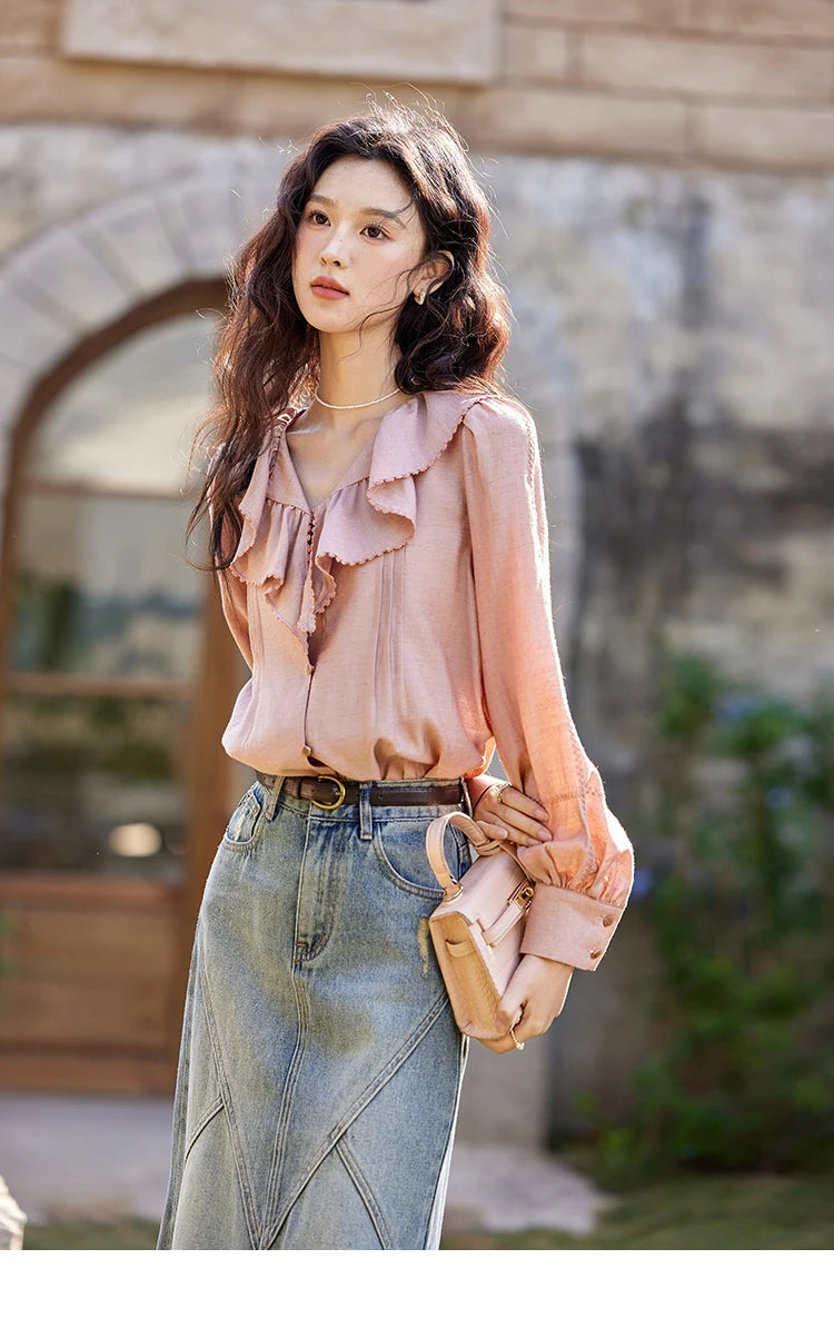 MISHOW Lotus Leaf Collar Shirt Bubble Sleeves Pink Chiffon MXE12X1702