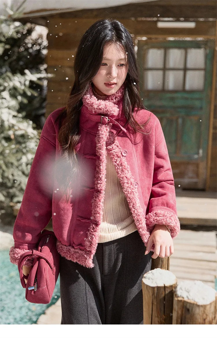Mishow Dragon Fruit Red Suede Patchwork Coat MXE87W0942