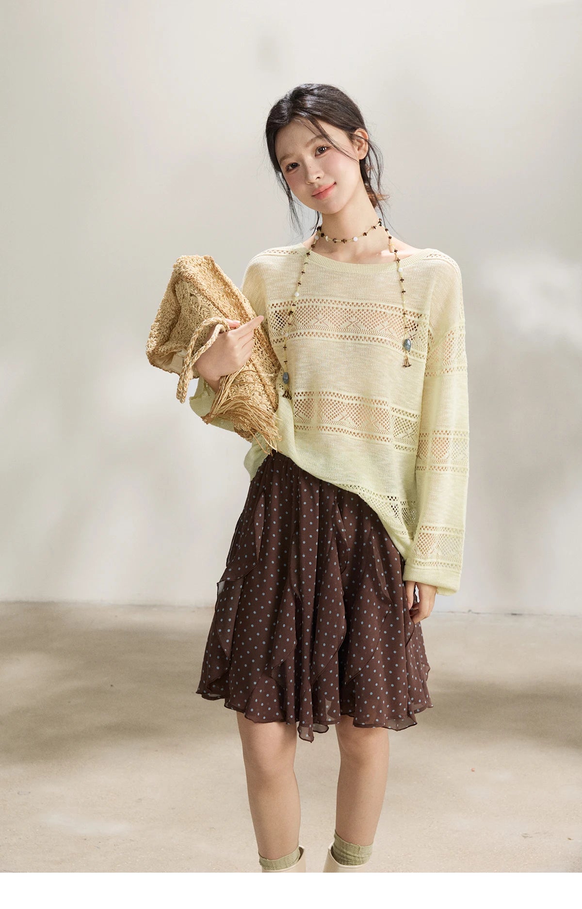 Mishow Pale Yellow Crew Neck Hollow Top MXF13Z3020