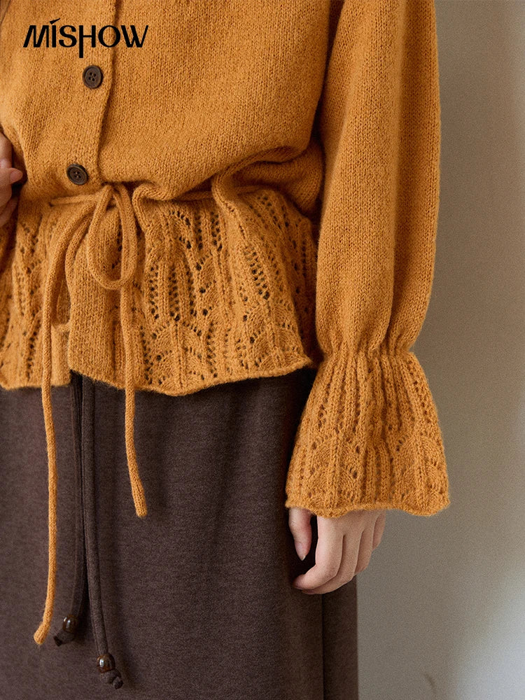 Mishow Orange Openwork Crochet Flared Sleeve Cardigan MXE87Z2685