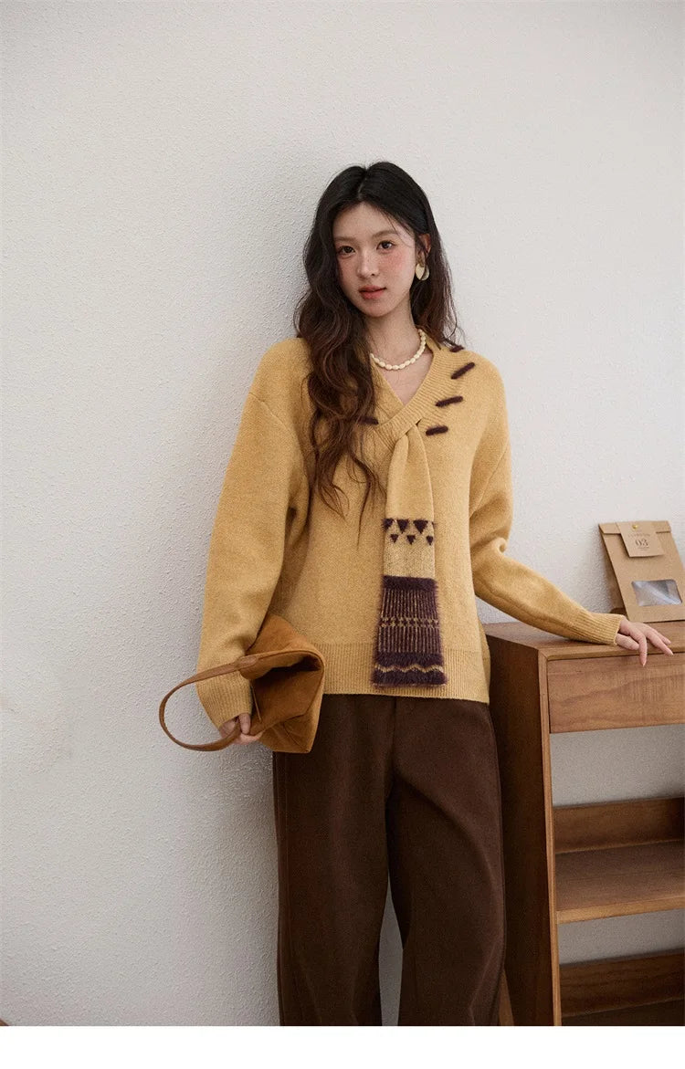 Mishow Yellow V-Neck French Workwear Pullover MXE87Z2771