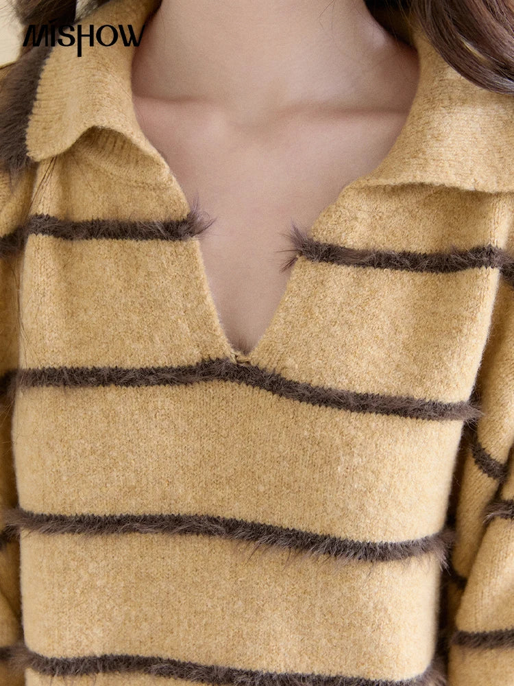 Mishow Faux Mink Fur Striped Lapel Tassel Sweater MXE93Z2945