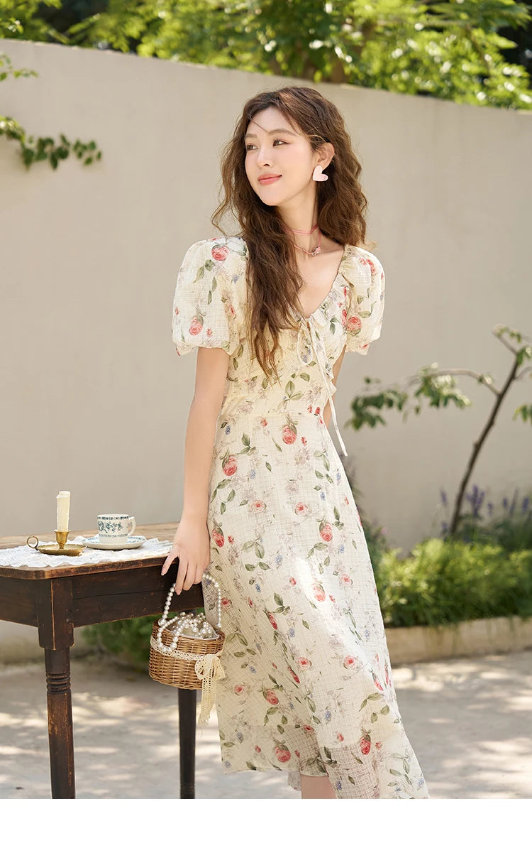 Mishow French A-Line Ruffled V-Neck Puff Sleeve Dress MXC33L1465