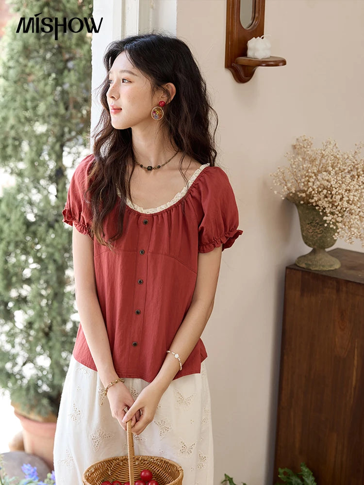 MISHOW Short Puff Sleeve Blouse Lace Collar Slimming MXE35X1827